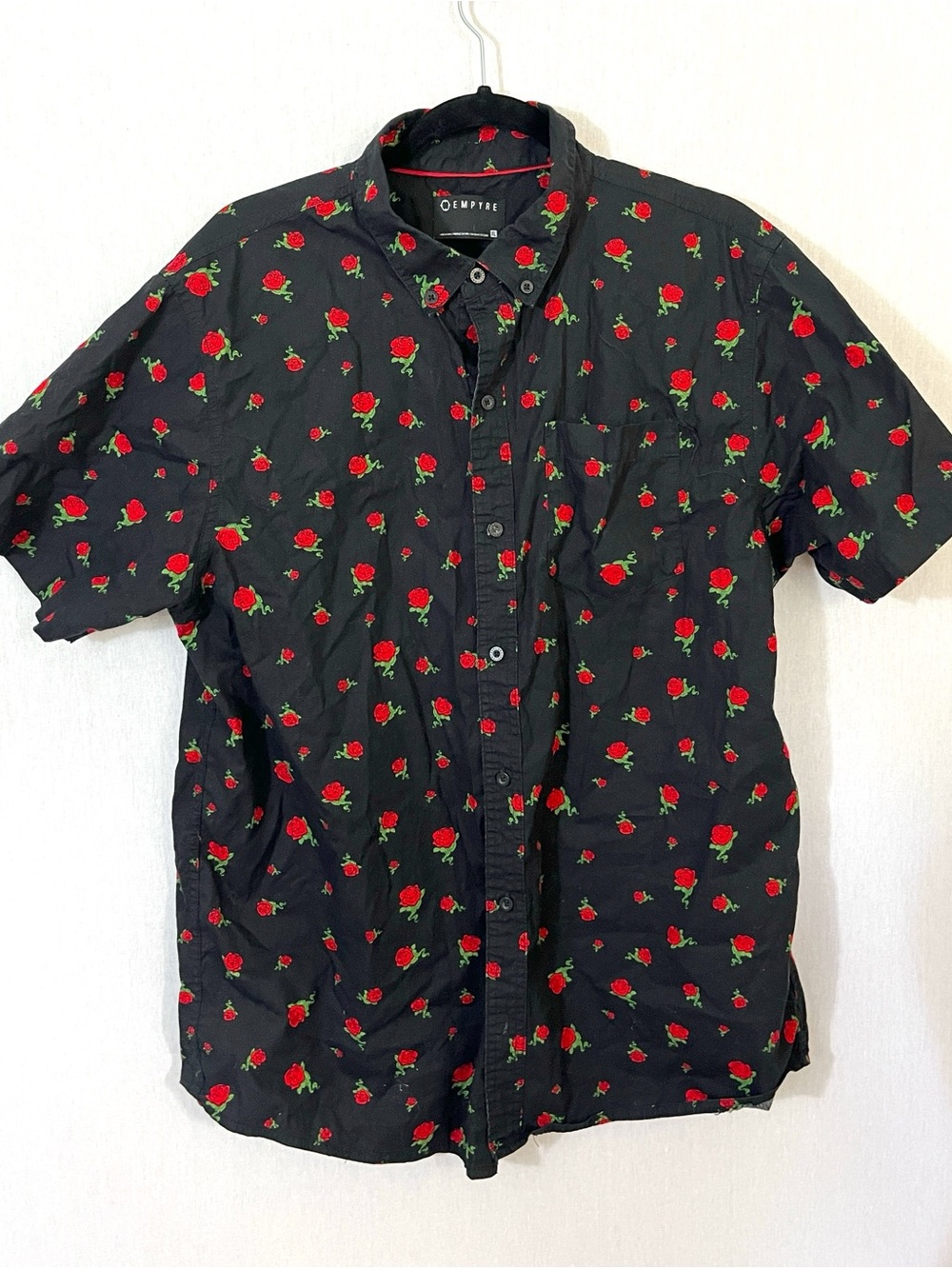 Empyre Black Short-Sleeve Button-Down with Red Rose Print